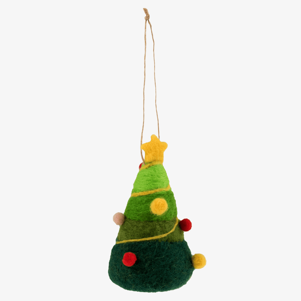 Felted Christmas tree ornament with colorful decorations on a white background