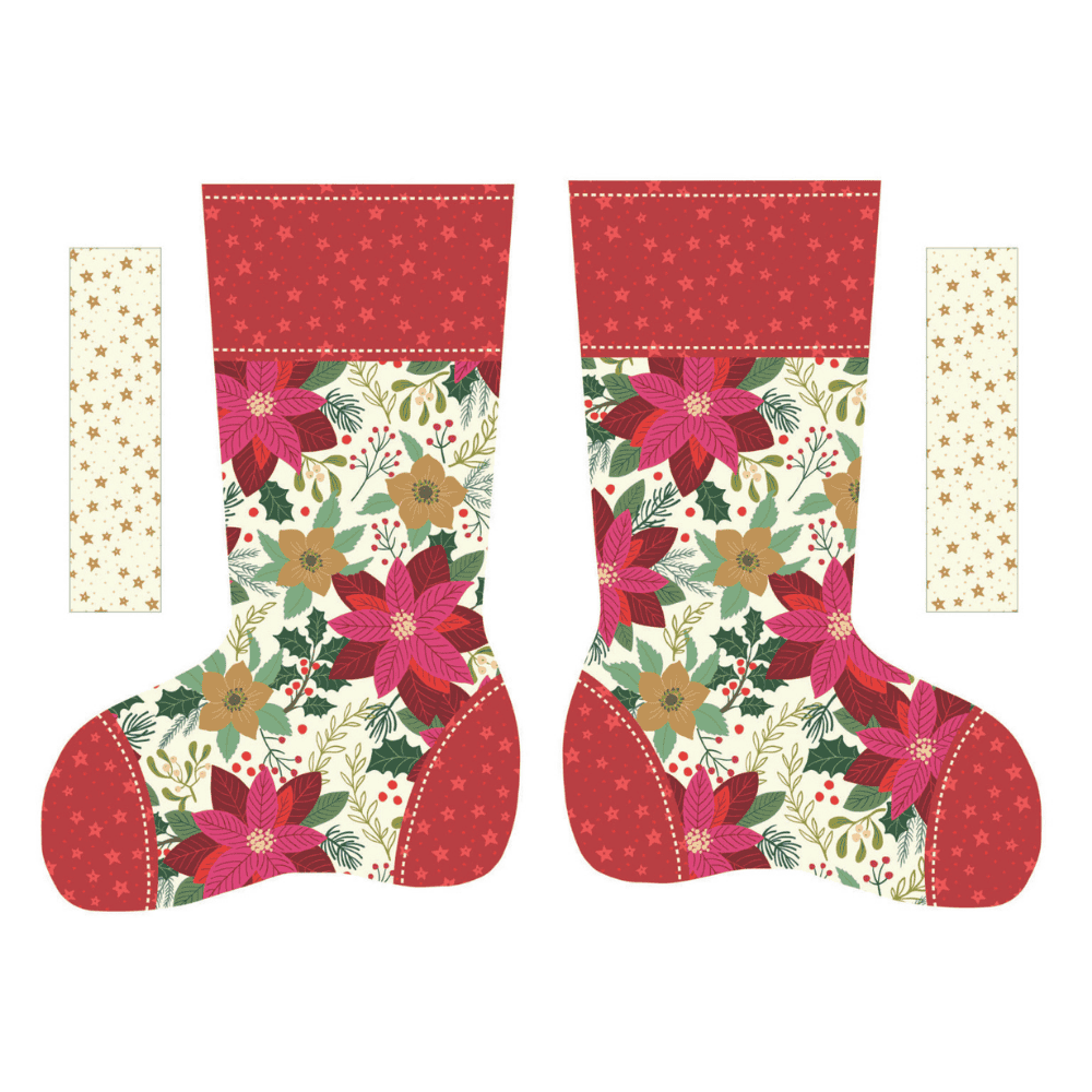 Pair of Christmas stockings with floral pattern on a white background