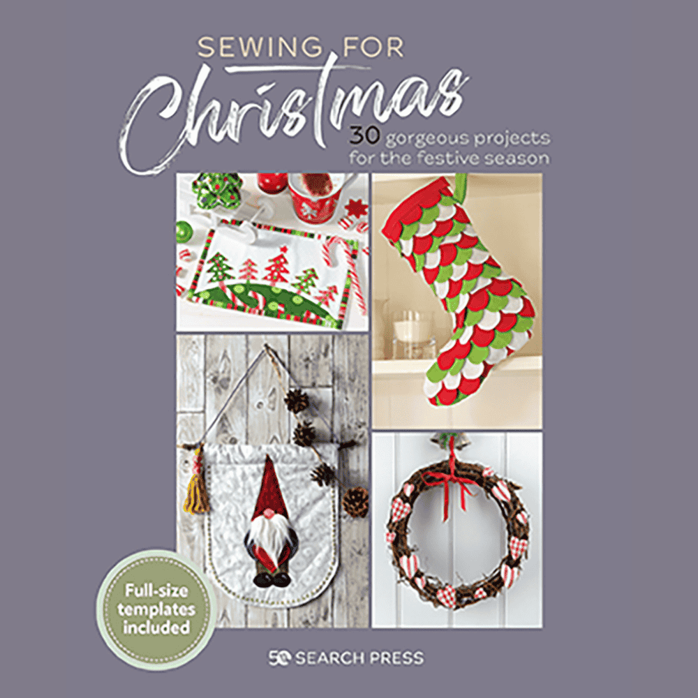 Book cover of 'Sewing for Christmas' with festive projects and Search Press logo.