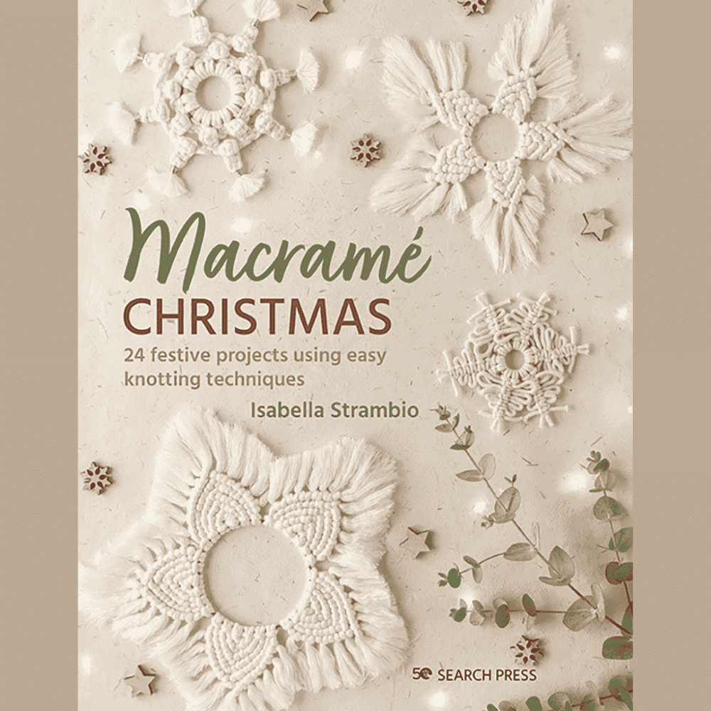 Book cover of 'Macramé Christmas' with decorative macramé patterns and Isabella Strambio's name.