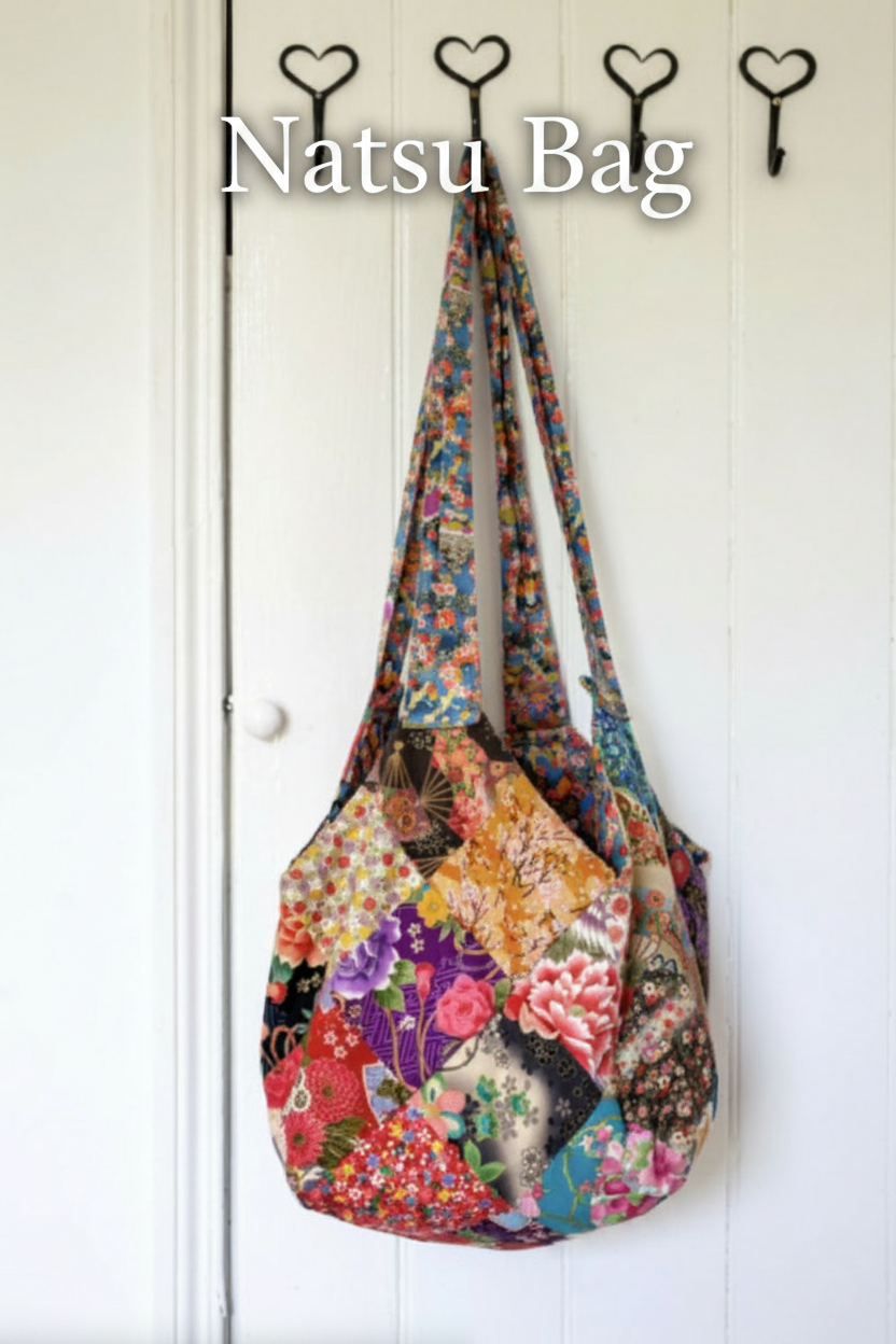 Natsu Bag - colourful patchwork hobo bag made from Japanese-style floral fabrics