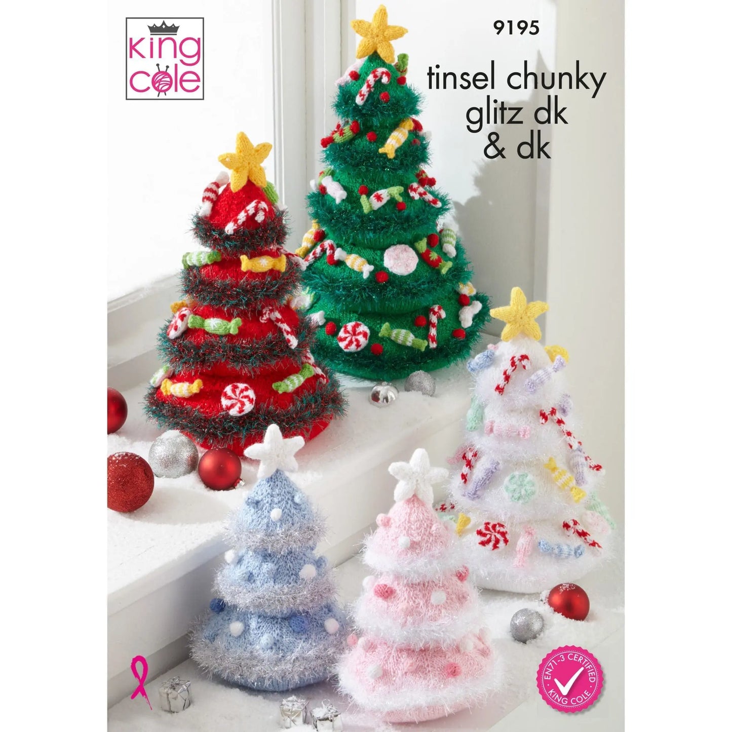 Knitted Christmas trees in various colors with festive decorations on a white background, featuring King Cole branding.
