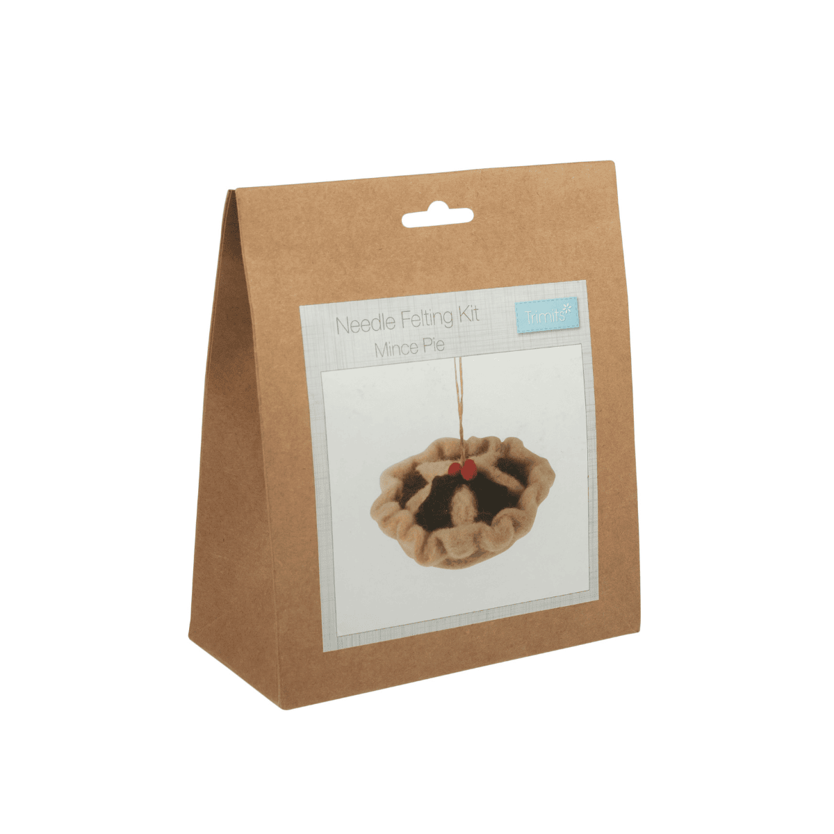 Kraft paper packaging of a needle felting kit with a dessert design on a white background