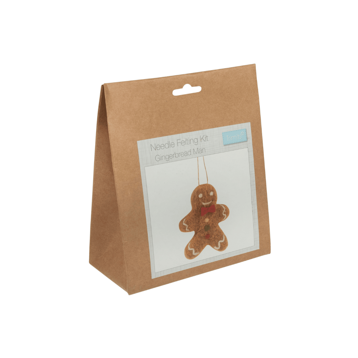 Kraft paper bag with a gingerbread man ornament and 'Needle Felting Kit' text on a white background