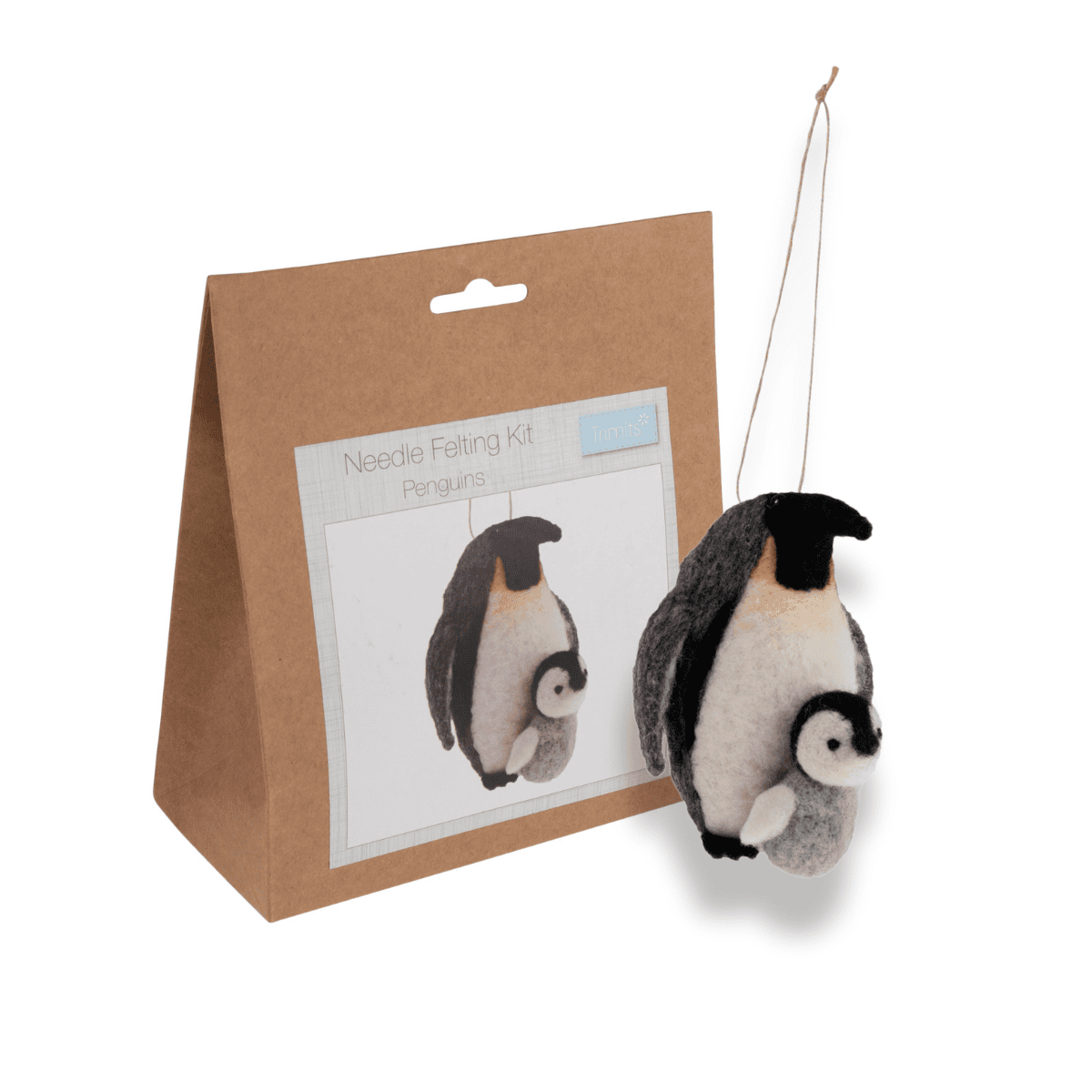 Penguin needle felting kit with felted penguin and packaging on a white background