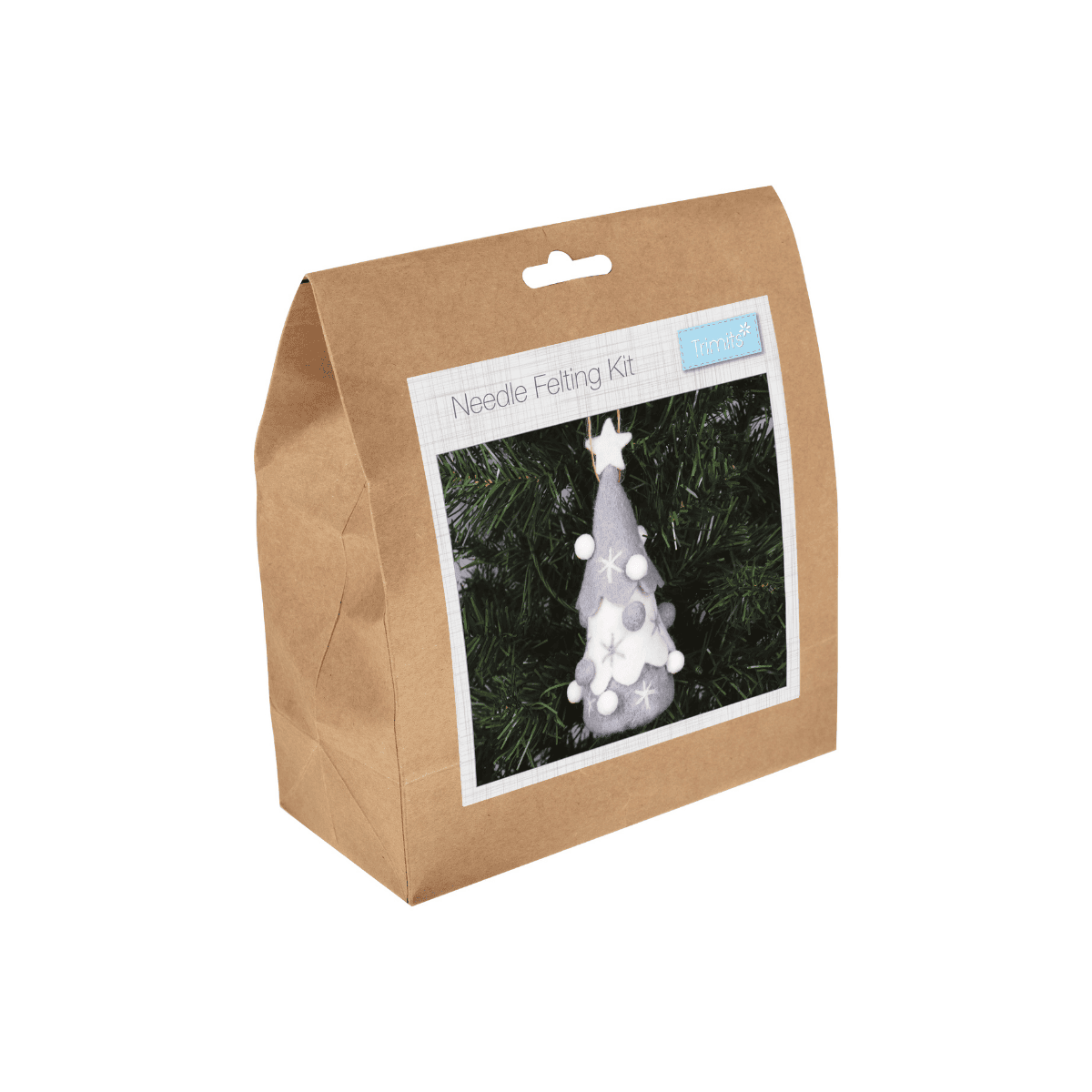 Kraft paper packaging of a needle felting kit with a tree design on a white background