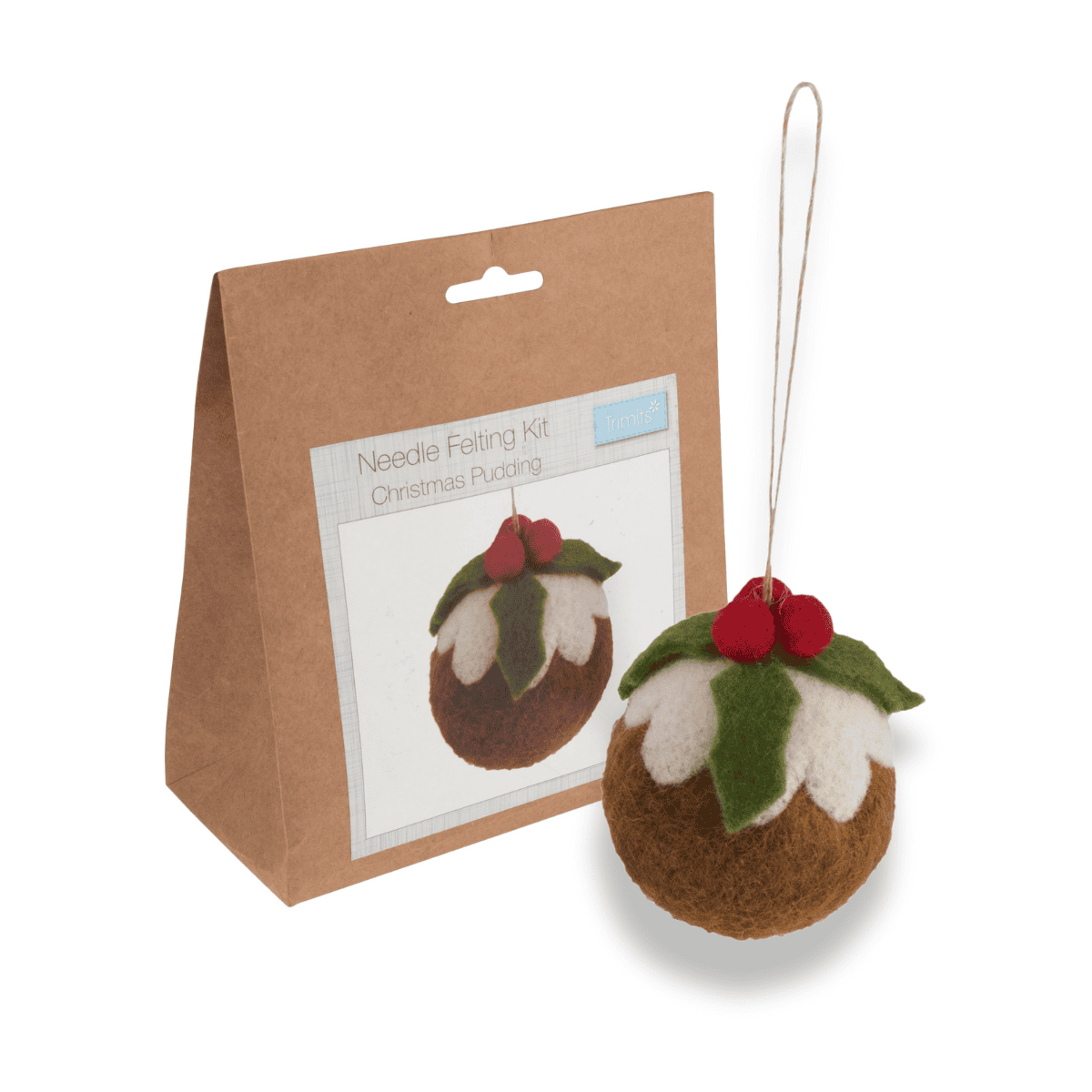 Felted Christmas pudding ornament with a cardboard packaging displaying an image of the product.