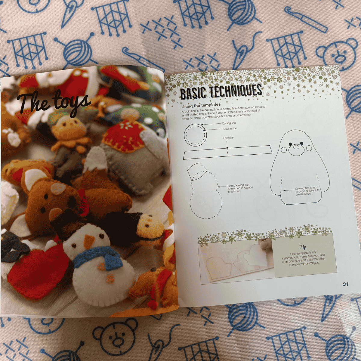 Felt toys with a patterned background and a page from a book titled 'Basic Techniques'.