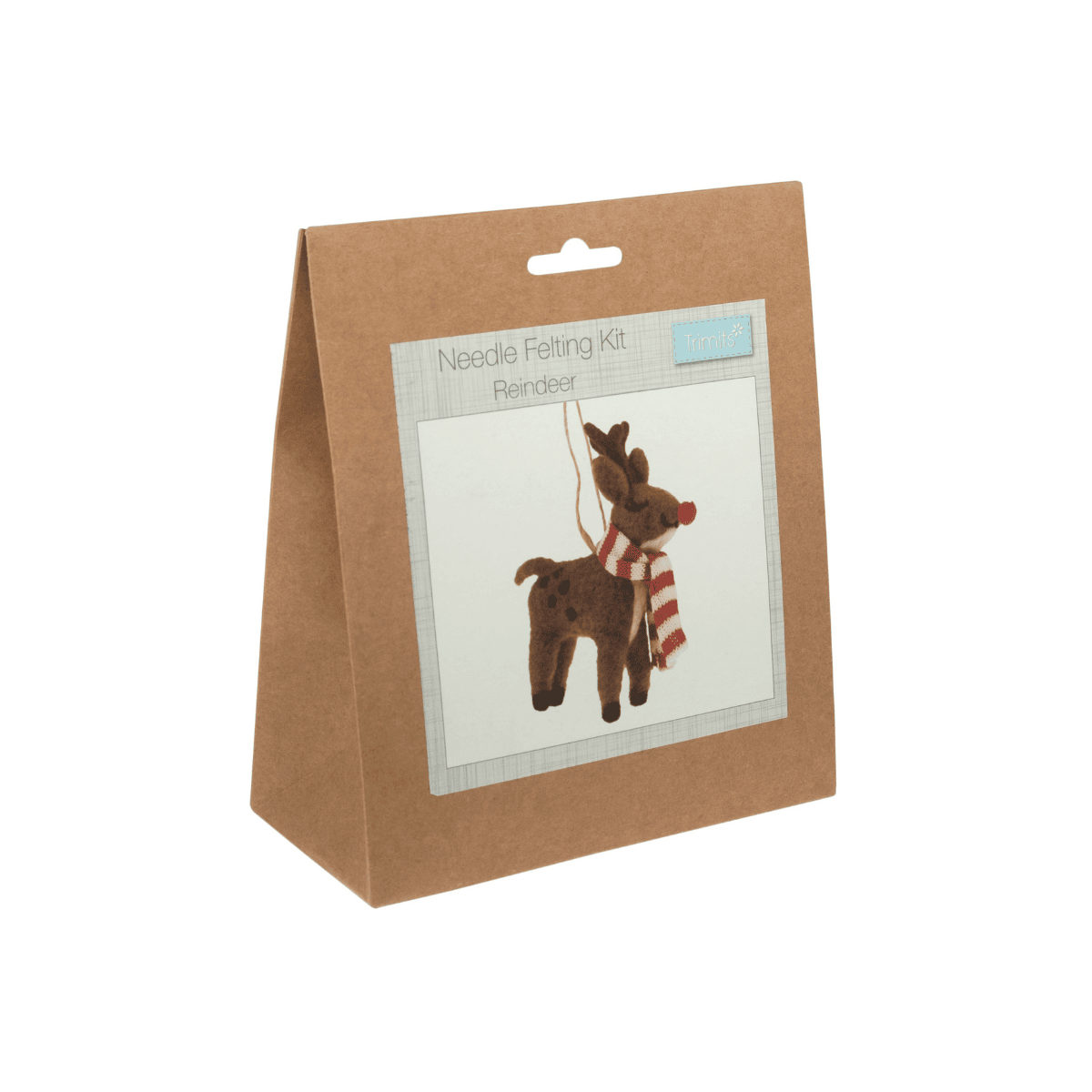 Kraft paper packaging with a needle felting kit featuring a reindeer design on a white background.