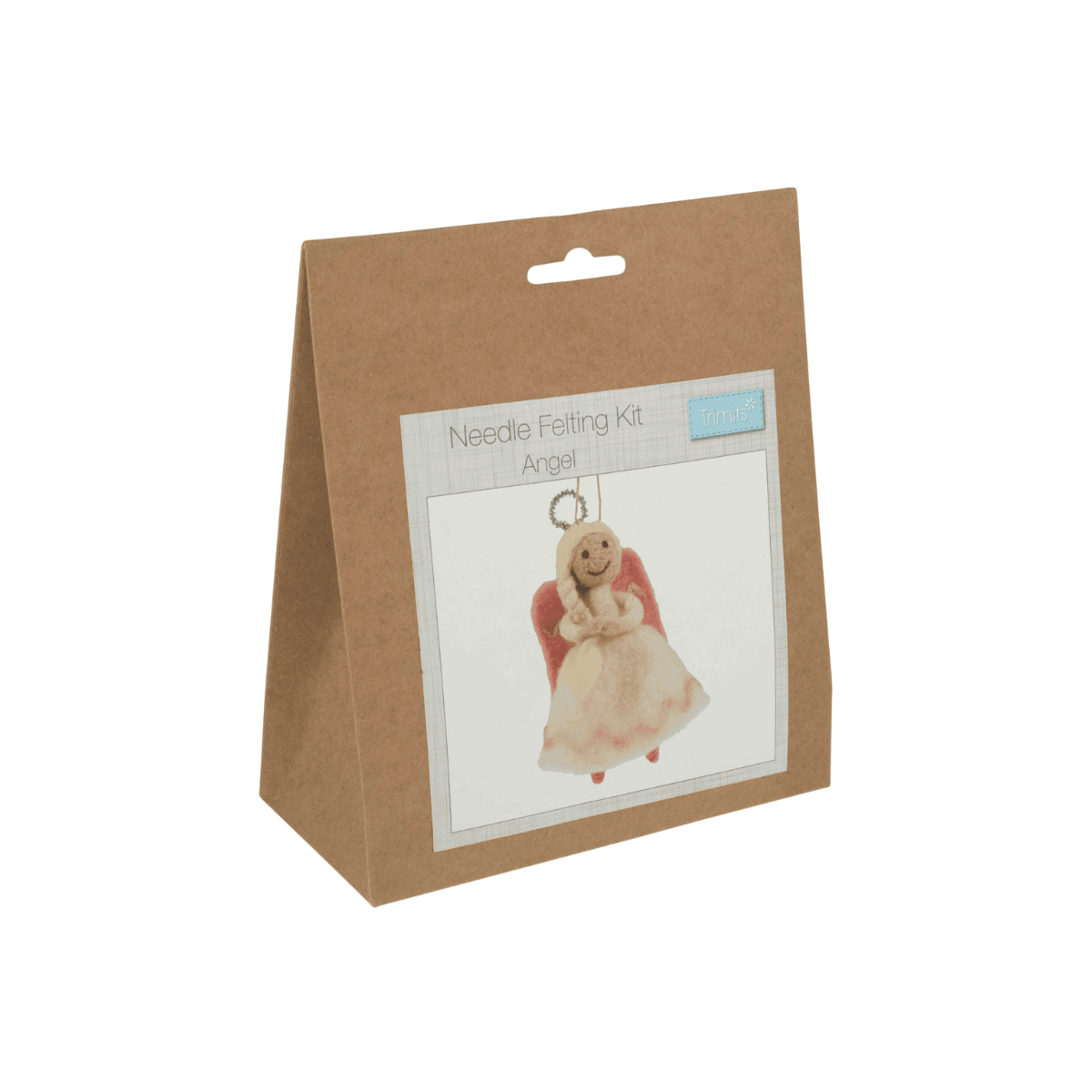 Kraft paper packaging of a needle felting kit with an angel design on a white background
