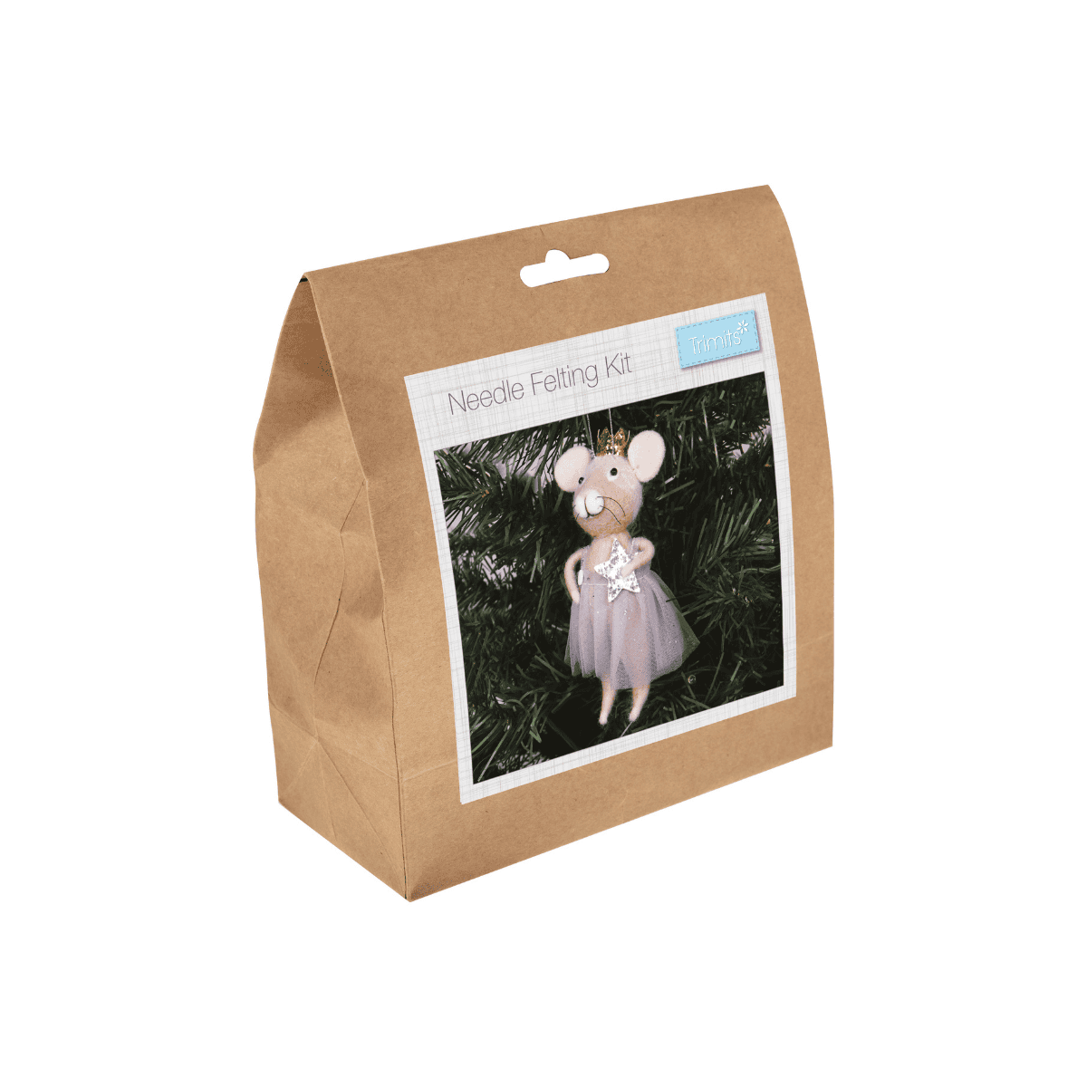 Brown cardboard box with a picture of a felted mouse toy on a white background