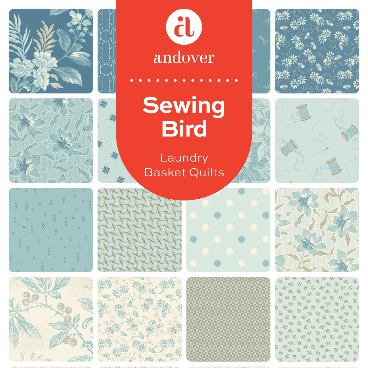 Collage of fabric swatches with Andover logo and 'Sewing Bird' text