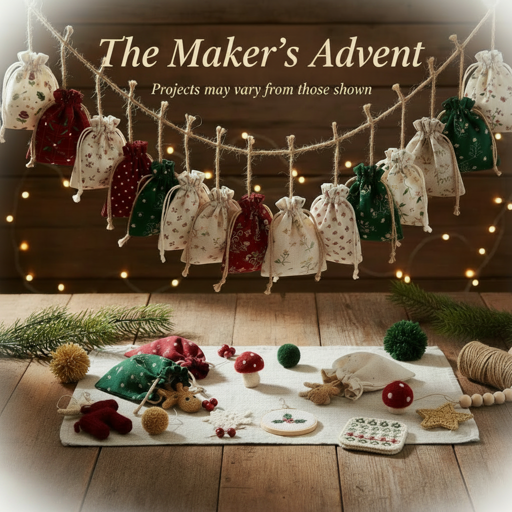 24 cotton drawstring bags hanging as bunting with finished projects displayed undereath