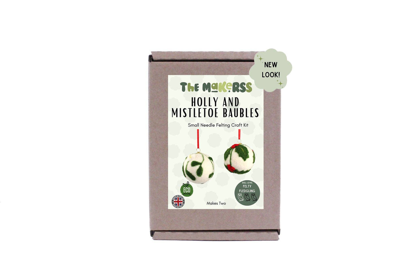 Holly and Mistletoe Bauble Small Needle Felt Kit - makes 2