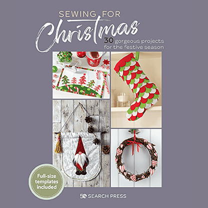 Book cover of 'Sewing for Christmas' with festive projects and Search Press logo.