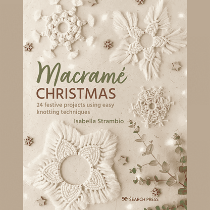 Book cover of 'Macramé Christmas' with decorative macramé patterns and Isabella Strambio's name.