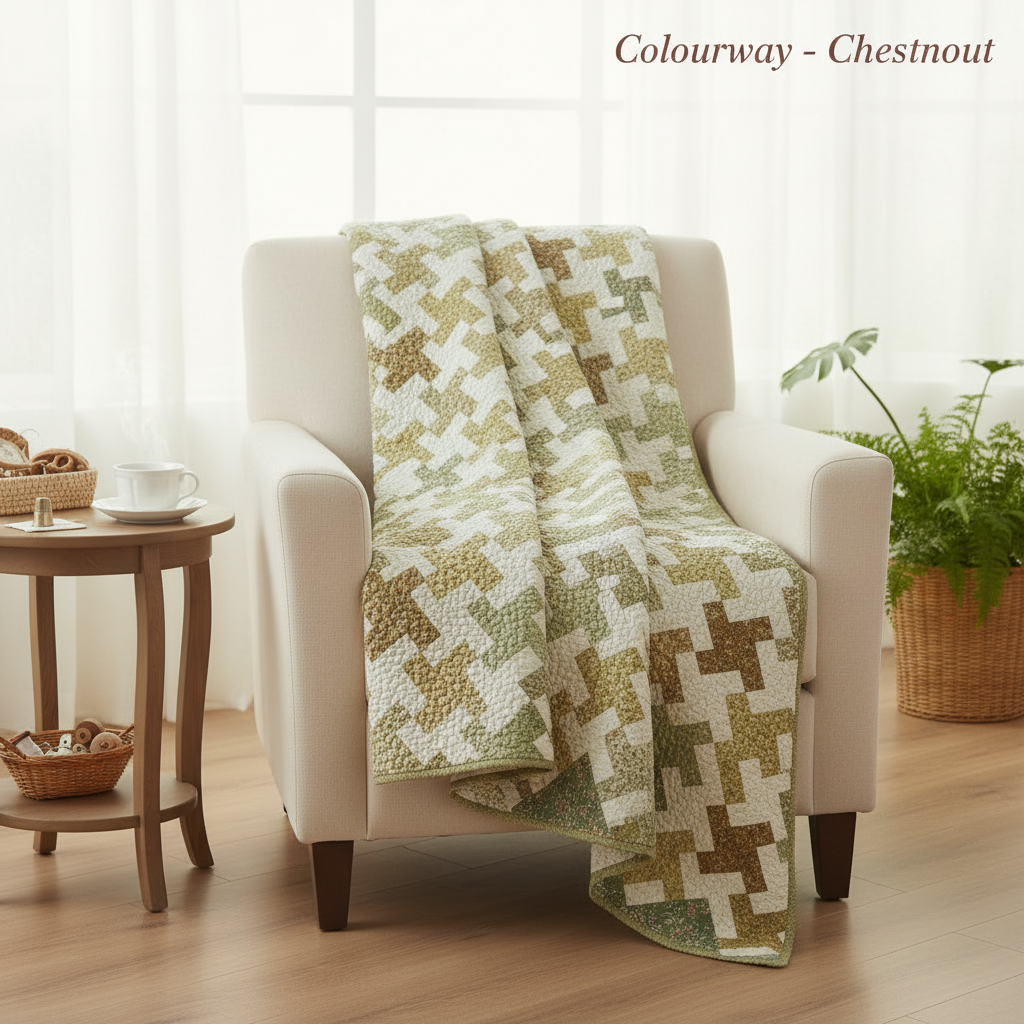 Whirl Secret Stash Chestnut colourway quilt lifestyle shot with Colourway - Chestnut text