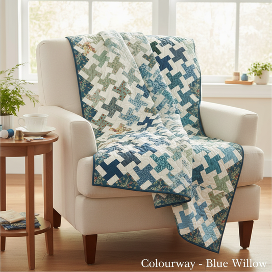 Whirl Secret Stash Blue Willow colourway quilt lifestyle shot with Colourway - Blue Willow text