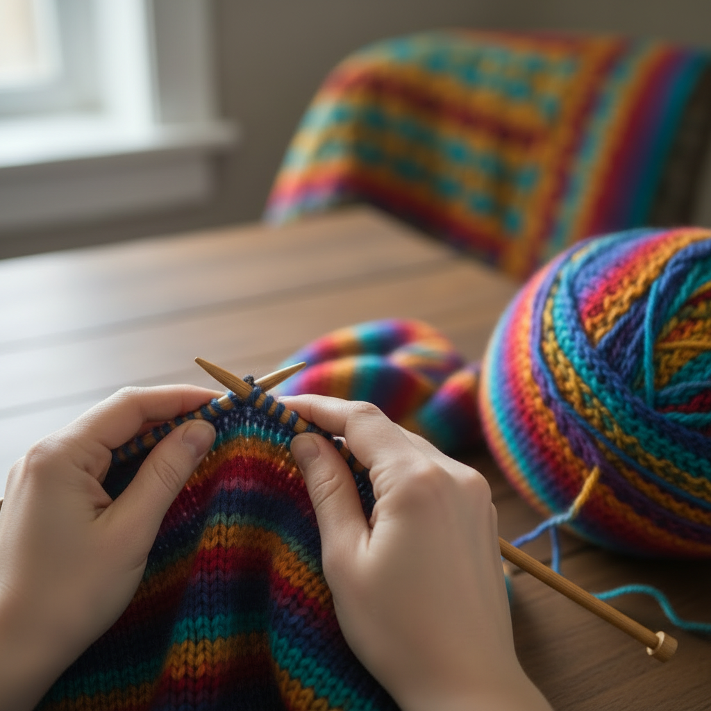 Hand-dyed multicoloured merino wool skein being knitted with a patterned blanket in the background