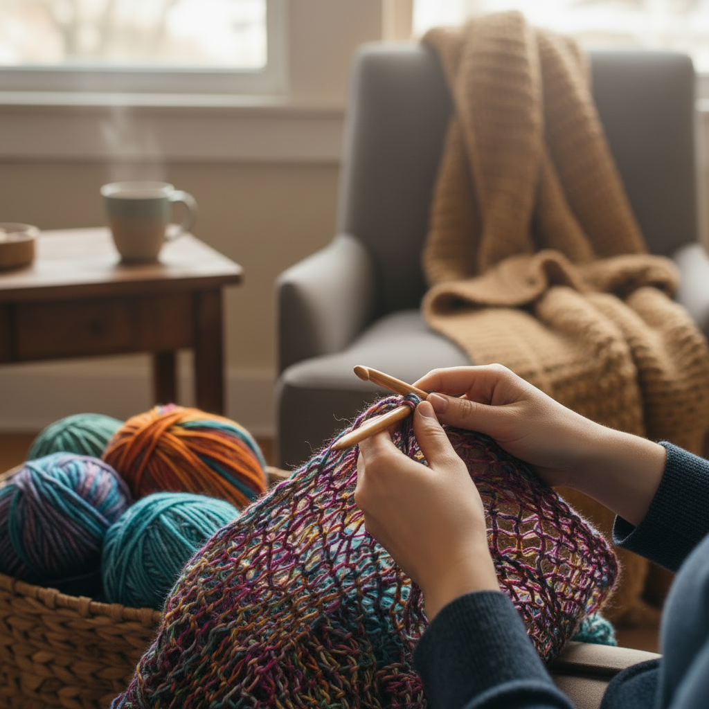 Someone crocheting a blanket with fine hand-dyed multicoloured merino wool yarn