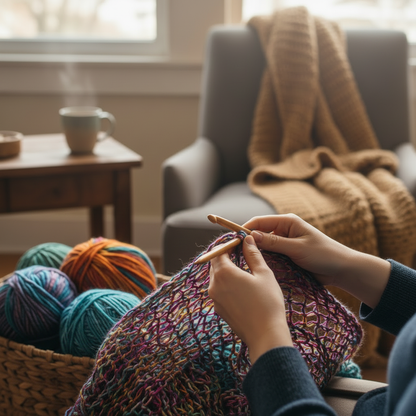 Someone crocheting a blanket with fine hand-dyed multicoloured merino wool yarn