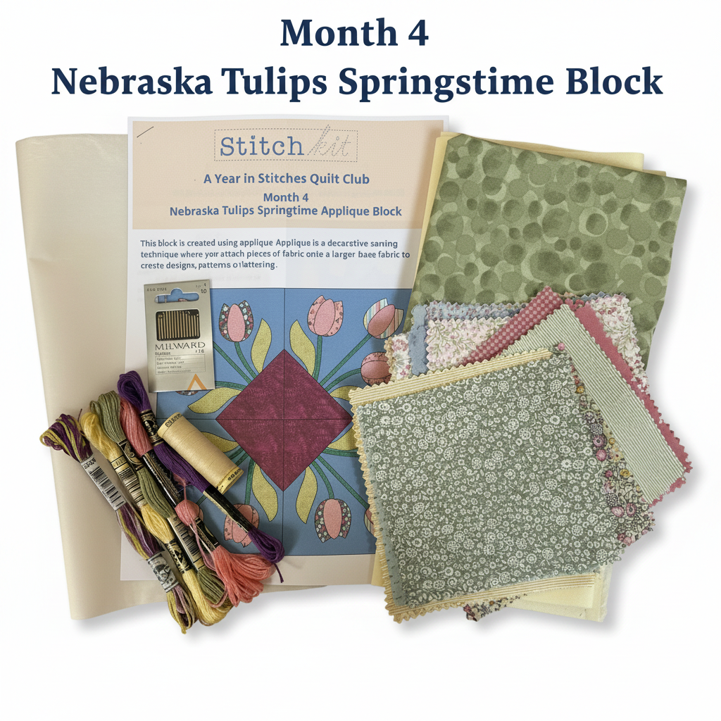 A Year in Stitches Quilt Club Month 4 - Nebraska Tulips Springtime Applique Block Kit White Background