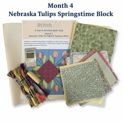 A Year in Stitches Quilt Club Month 4 - Nebraska Tulips Springtime Applique Block Kit White Background
