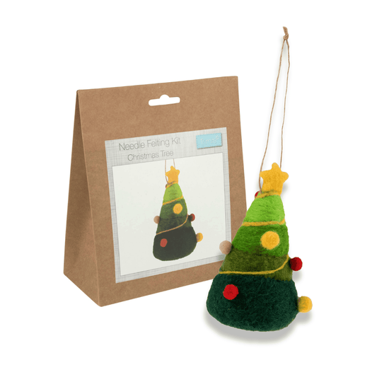 Felted Christmas tree ornament with packaging on a white background