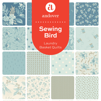 Collage of fabric swatches with Andover logo and 'Sewing Bird' text