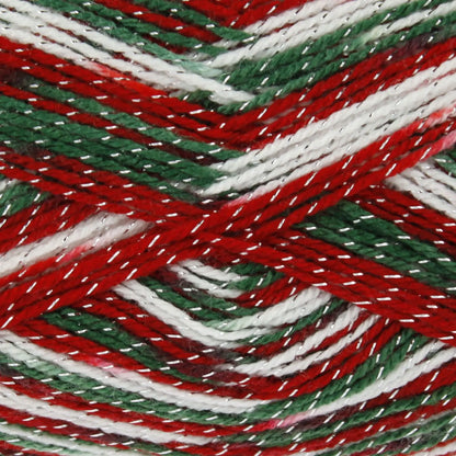 Close-up of red, green, and white yarn strands